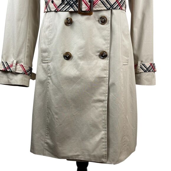 IMAN Women's Trench Coat Medium Beige Cotton Belted Double Breasted Plaid Trim - Picture 3 of 13